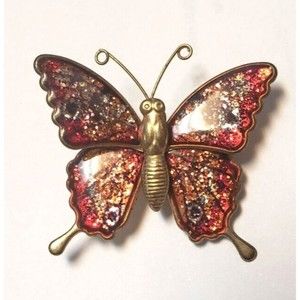 Vintage Interpur Brooch Butterfly Red Glitter Pin Taiwan 1960s